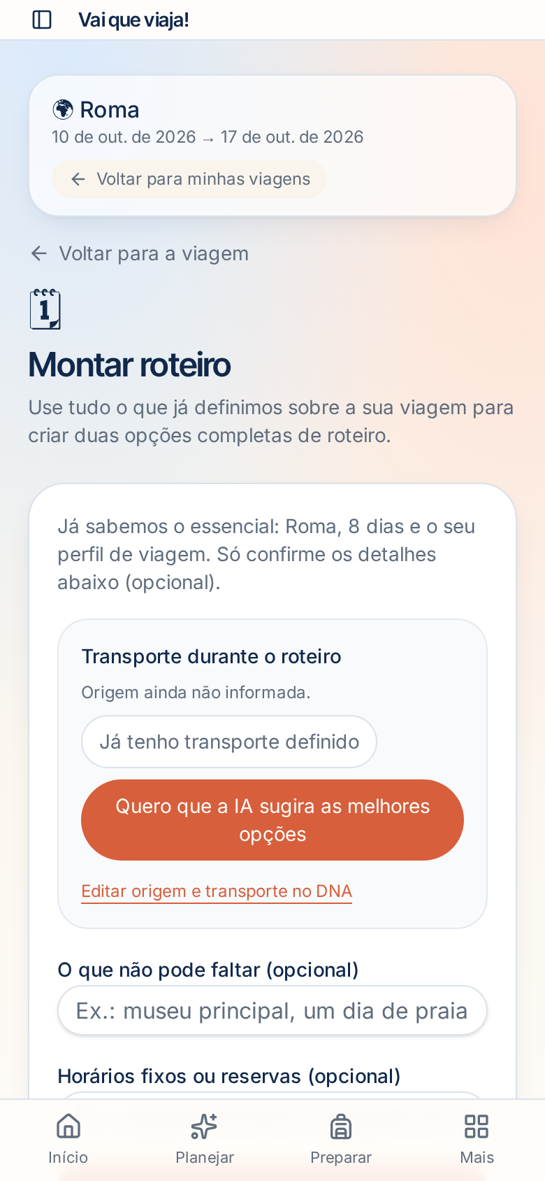 Roteiro de viagem dia a dia no aplicativo