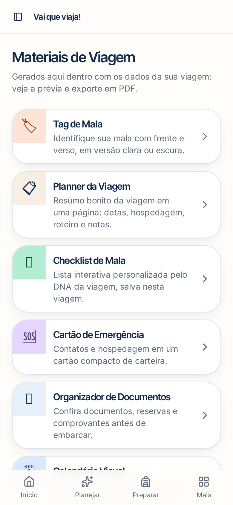 Materiais de viagem imprimíveis gerados pelo Vai que viaja!