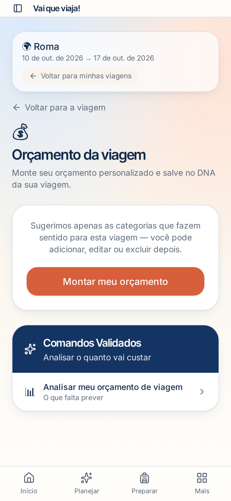 Orçamento de viagem por categoria no aplicativo