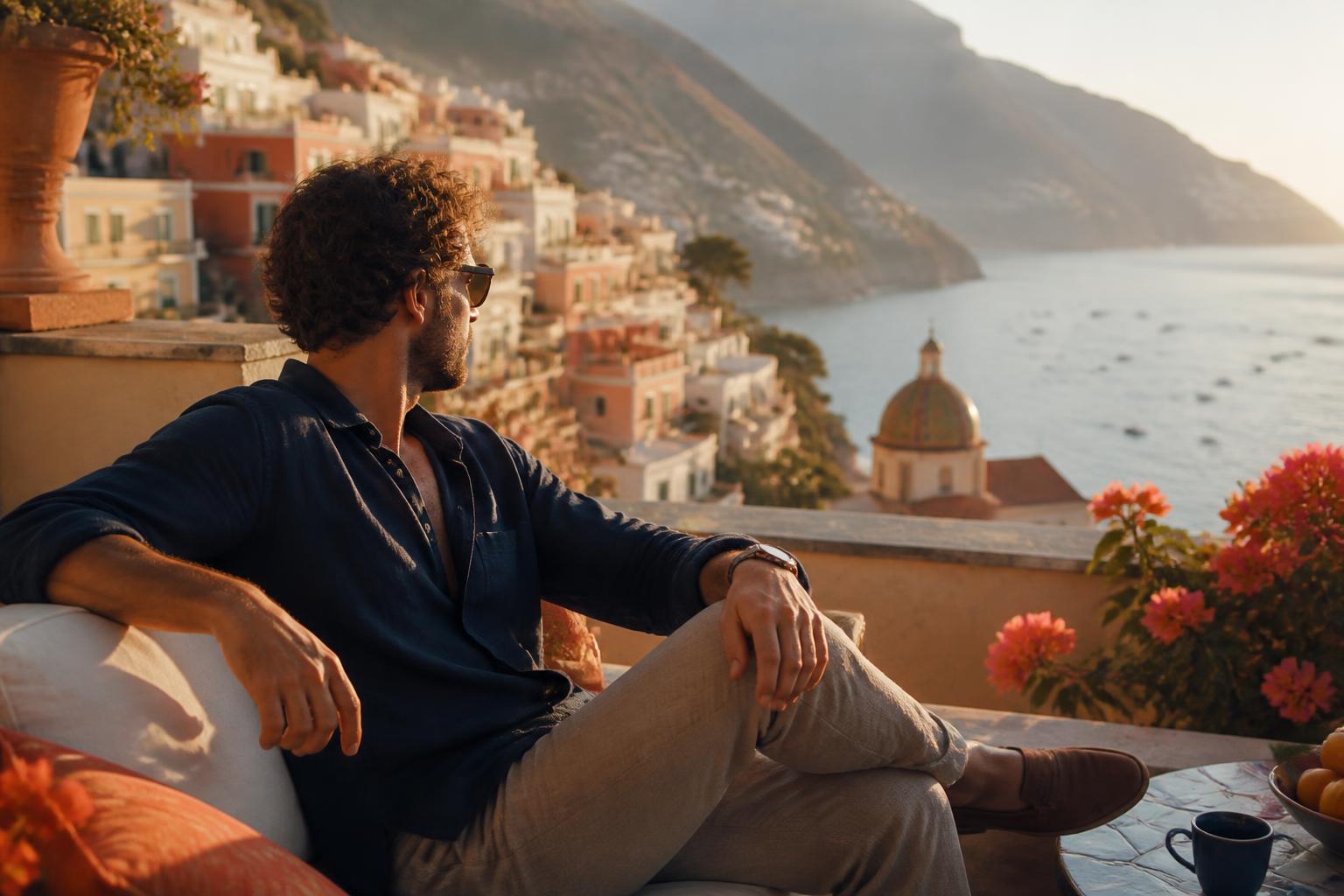 Viajante relaxando em um terraço com vista para o mar no fim da tarde